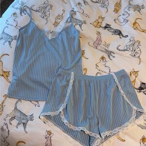 Ekouer Light Blue Ribbed Lace Trim Cami & Short Sleep Set